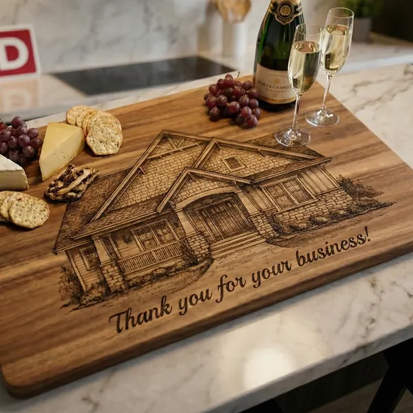 Walnut cutting board engraved with a detailed house portrait — a realtor closing gift