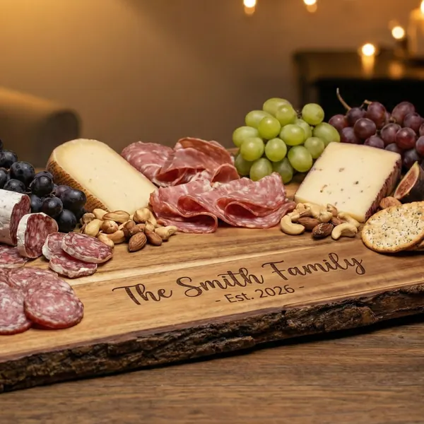 Acacia charcuterie board engraved with “The Smith Family, Est. 2026”