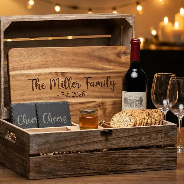 Wooden date-night crate with a board engraved “The Miller Family, Est. 2026”