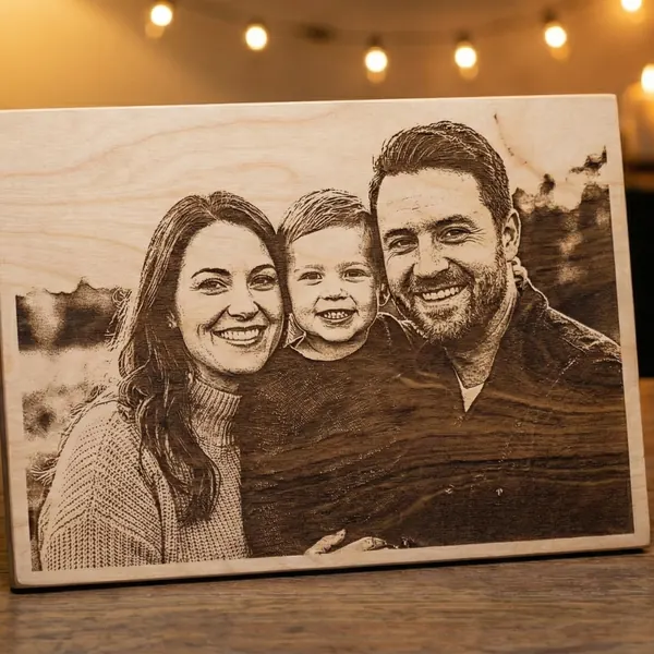 Family photo laser-engraved on a maple wood panel