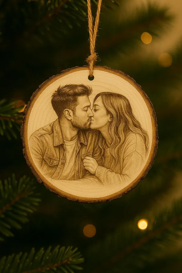 Couple portrait engraved on wood as an anniversary keepsake