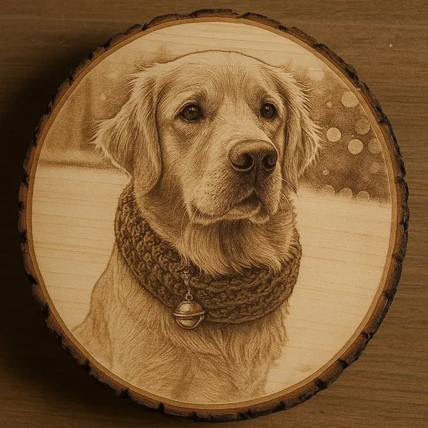 Dog portrait laser-engraved on wood with fine fur detail