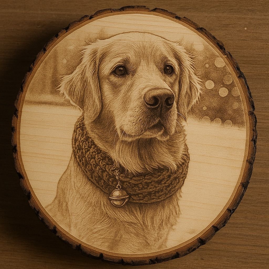 Dog portrait engraved on wood