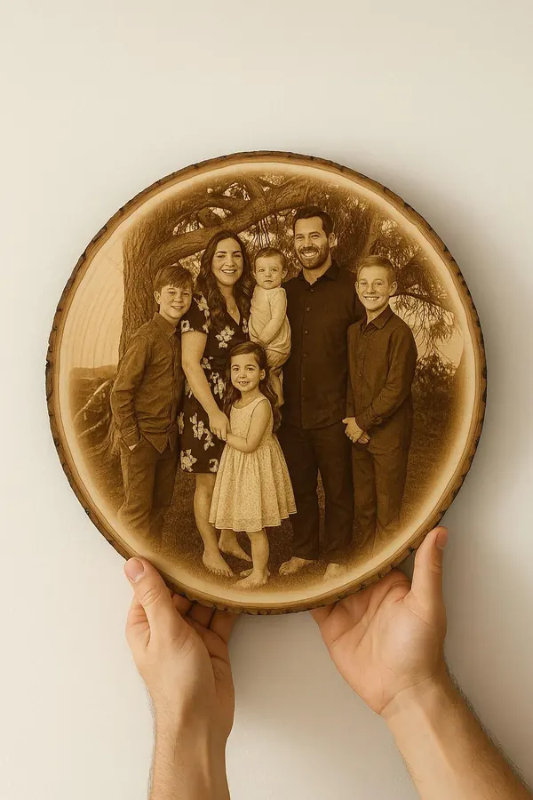 Family of six portrait engraved on a natural wood slice with bark edge