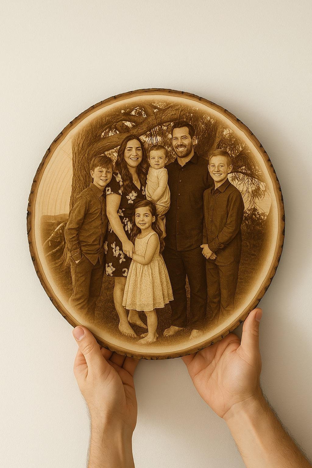 Family portrait engraved on wood